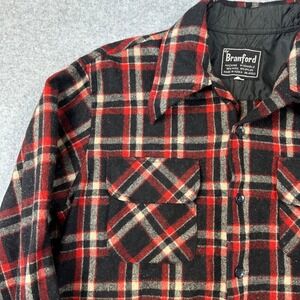 Vtg 70s Branford Wool Blend Plaid Surf Shirt Red Black Mens L Korea Loop Collar